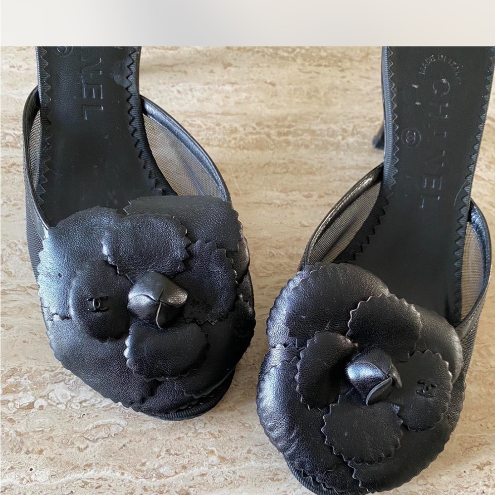Chanel Black mesh camellia mules Women's Heeled Sandals 36, 5.5-6